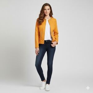 Lena Gabrielle Womens Faux Leather Jacket Orange Studded Size 8